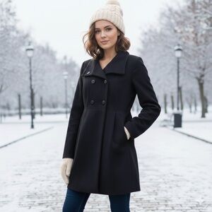 Zara Trafaluc Womens Black Double Breasted Coat L Outerwear Peacoat Mid Length‎